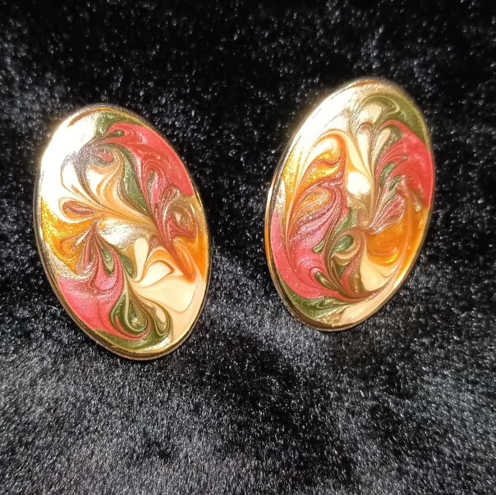 Vintage Swirled Metallic Sparkly Enamel Oval Gold Toned Earrings - 80s